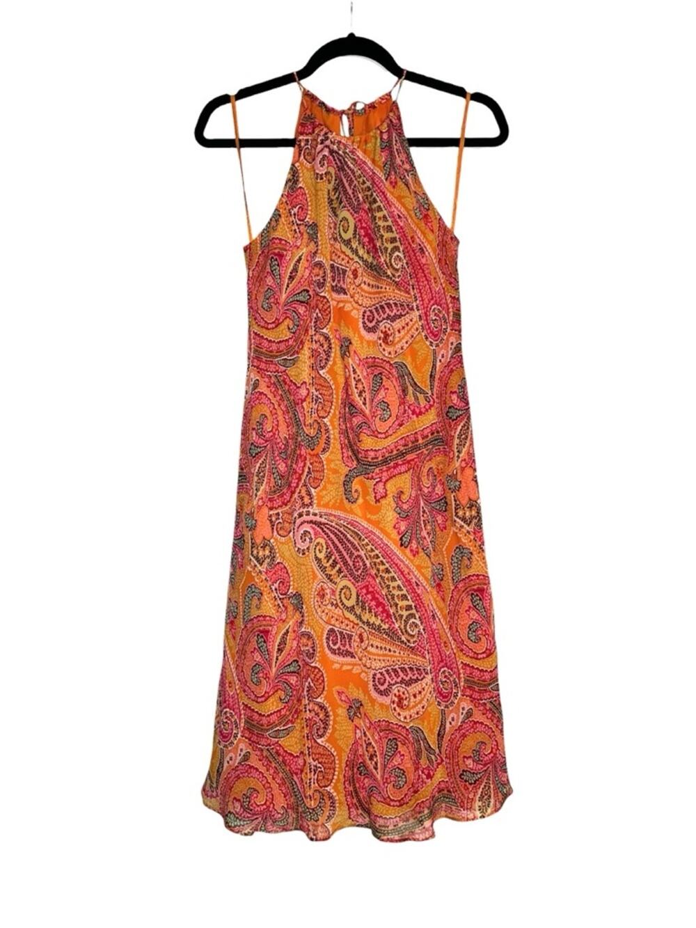Vintage Ann Taylor Silk Chiffon Halter Orange Paisley Print Midi Dress 8